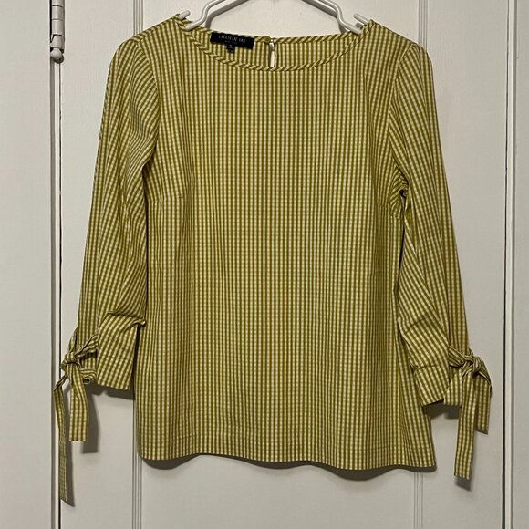 Lafayette 148 Paige Ithaca Gingham Check Blouse size medium 3/4 sleeves with bow - Picture 1 of 10
